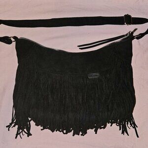 Black Fringe Suede Hobo or Crossbody Bag